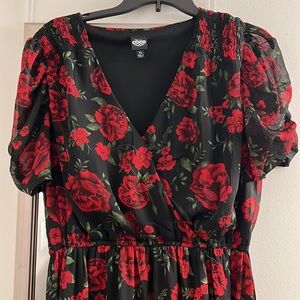 Black and red floral maxi dress V neck